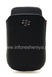 BlackBerry 9800 / 9810 Torch জন্য ধাতু পকেট লেদার পকেট লোগো সহ মূল চামড়া কেস, ব্ল্যাক (কালো)