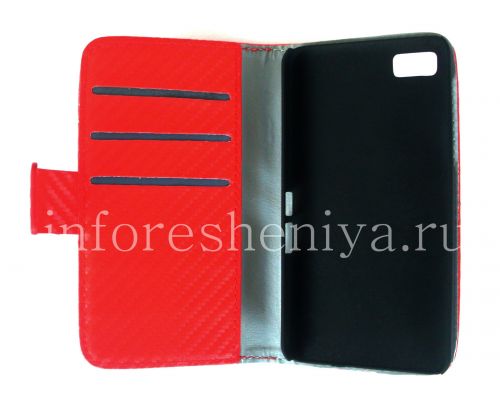 Photogallery for চামড়া কেস ওয়ালেটে BlackBerry Z10 জন্য &quot;কার্বন&quot;, লাল product