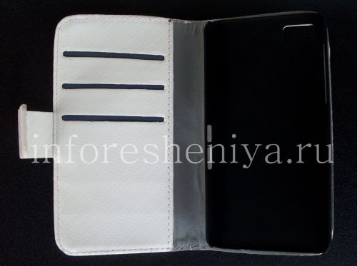 Photogallery for চামড়া কেস ওয়ালেটে BlackBerry Z10 জন্য &quot;কার্বন&quot;, সাদা product