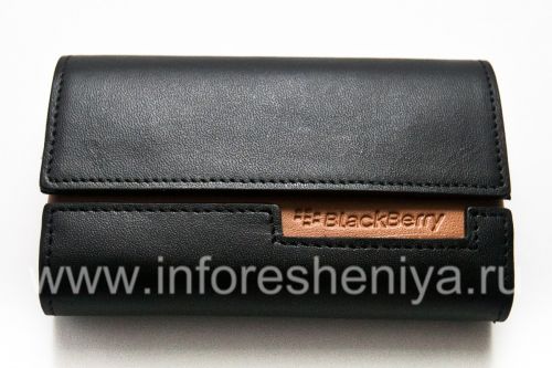 Photogallery for Funda de cuero original del bolso de cuero en folio para BlackBerry, Negro / Negro (Negro w / Castaño Accent) product