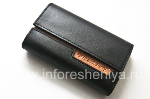 Photogallery for Funda de cuero original del bolso de cuero en folio para BlackBerry, Negro / Negro (Negro w / Castaño Accent) product
