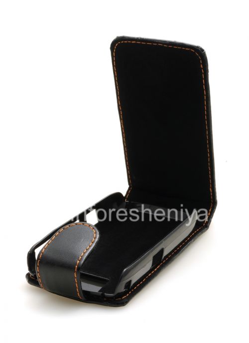 Photogallery for Ledertasche mit vertikale Öffnung Cover für Blackberry Curve 8900, Schwarz mit braunen Nähten product