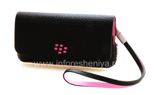 Photogallery for Housse en cuir d&#39;origine Sac portefeuille en cuir pour BlackBerry 9100/9105 Pearl 3G, Noir / Rose (Noir / accents roses) product