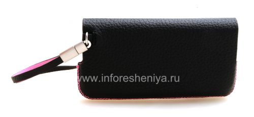 Photogallery for Housse en cuir d&#39;origine Sac portefeuille en cuir pour BlackBerry 9100/9105 Pearl 3G, Noir / Rose (Noir / accents roses) product