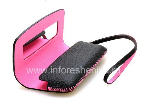 Photogallery for Housse en cuir d&#39;origine Sac portefeuille en cuir pour BlackBerry 9100/9105 Pearl 3G, Noir / Rose (Noir / accents roses) product