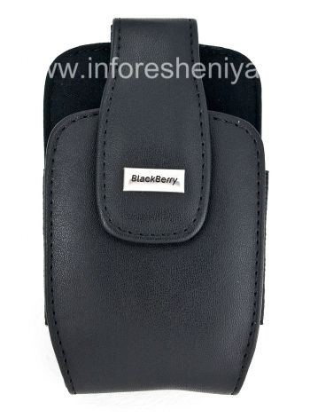 在原装皮套带旋转带夹的BlackBerry剪辑，金属标签“BlackBerry”真皮皮套