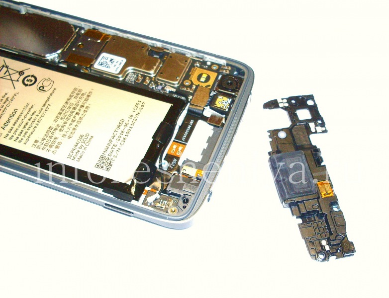 BlackBerry DTEK50 Disassembly and Teardown: Under the panel we see PCB of audio connector assembly with LED-indicator, proximity sensor and ambient light, flash, microphone and power button.