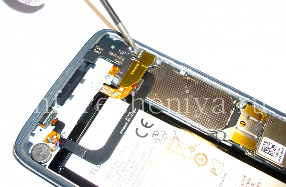 BlackBerry DTEK50 Disassembly and Teardown: To detach the connectors of components from the motherboard, you must remove the protective covers first. Lower attached by three ⊕ type screws.